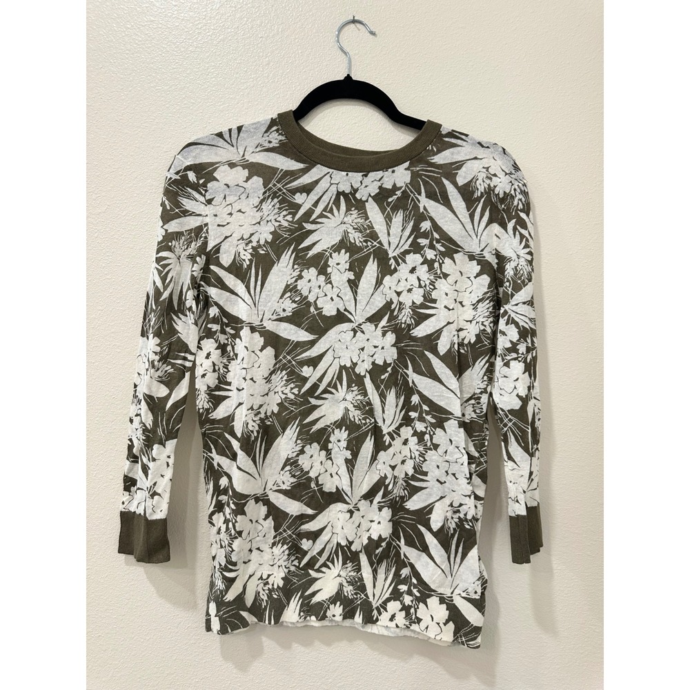 Lauren Ralph Lauren Olive Green White Floral Cotton Linen Knit Sweater Small